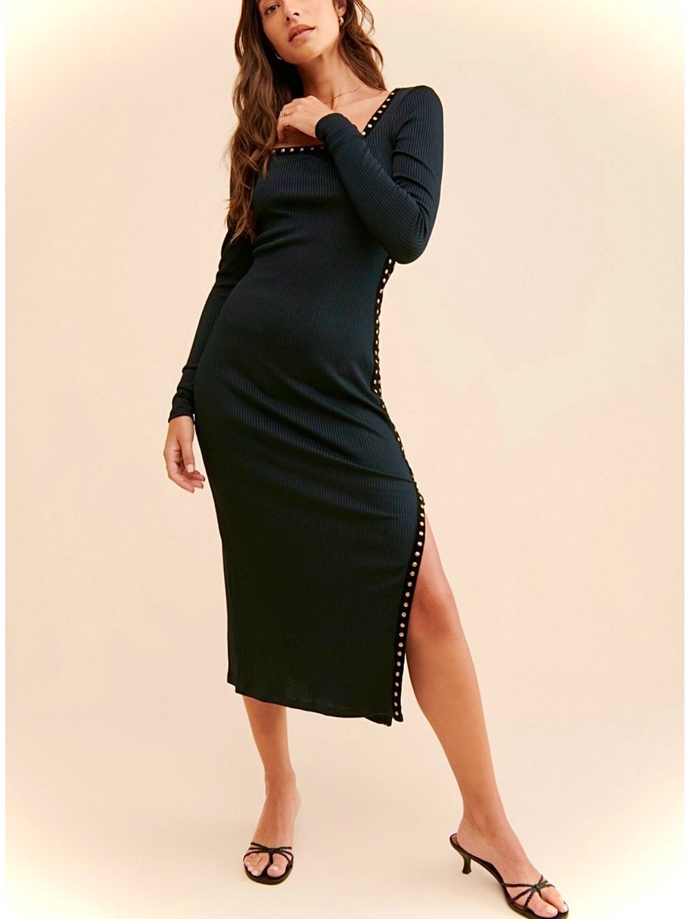 Free People Black Ribbed Long-Sleeve Midi Dress with Stud Trim